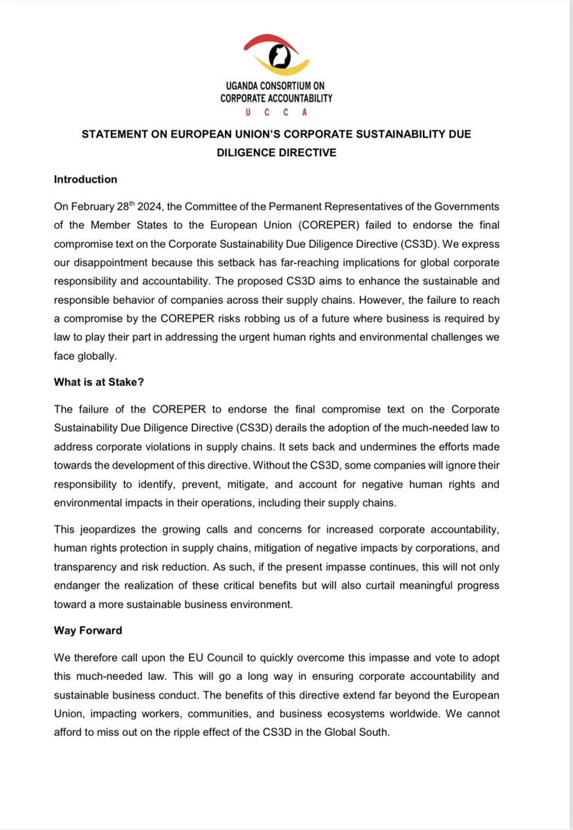#CSDDD We call on the European Union member states to pass the much desired Corporate Sustainability Due Diligence Directive. Here is our statement ucca-uganda.org/wp-content/upl… @Anti_Slavery @BHRRC @AfricanACCA @theICAR @ECCJorg @larawoltersEU @ISERUganda @KIOSFoundation