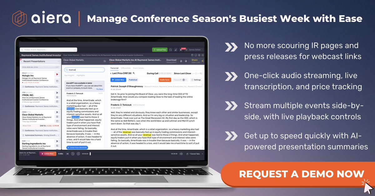 This week (March 4-8, 2024) has 10+ major sellside conferences taking place, with 700+ presentations across them all.

Institutional investors trust Aiera during weeks like these, and we invite you try it yourself.

Get a demo: aiera.com/#schedule-a-de…

#SellSideConference #LLM