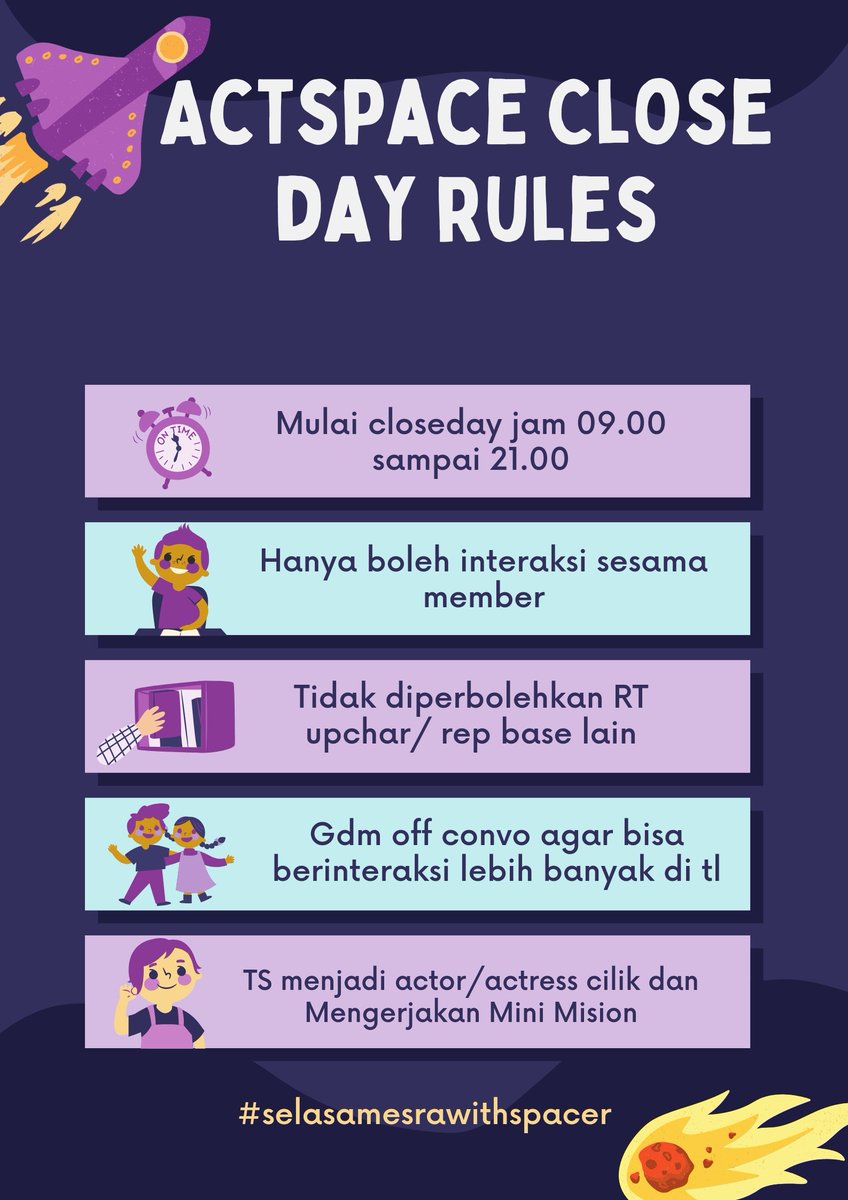 ㅤ                   Close Day
                    𝚆𝚒𝚝𝚑 𝙰𝙲𝚃ϟ𝙿𝙰𝙲𝙴
       ❝ SELASA MESRA W/SPACER ❞

                 ‼️Bersifat wajib‼️