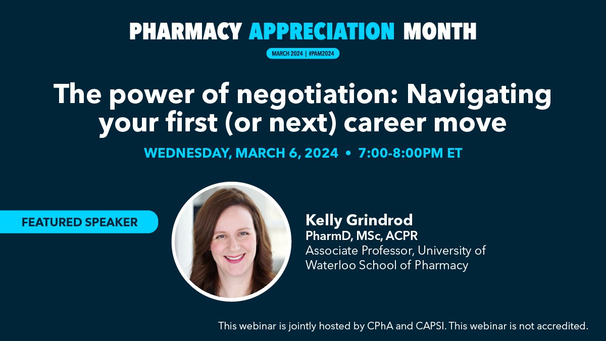 CPhA and <a href="/capsinational/">CAPSI National</a> are hosting a #PAM2024 webinar this Wednesday with <a href="/kgrindrod/">kevin grindrod</a>! This session will review strategies and tips to help you negotiate your first (or next) job as a licensed #pharmacist. Don't miss it! 

Register here: ow.ly/CEjM50QIgAR