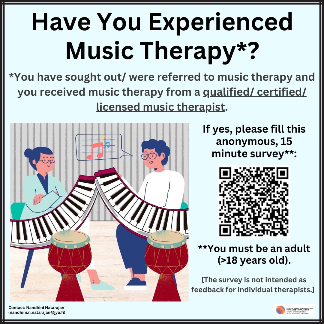 Experienced music therapy? Share your insights! Help us understand it's impact better. Take our survey now! redcap.jyu.fi/surveys/?s=4EK… #musictherapy #musictherapyresearch #therapy #mentalhealth #musicscience #ruok
