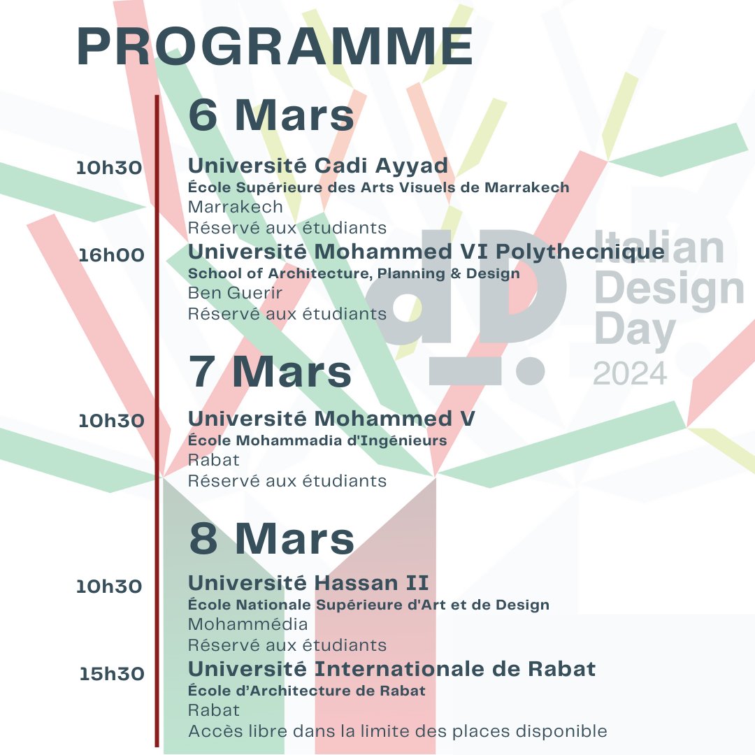 🇮🇹 Italian Design Day 2024 : du 6 au 8 mars, l'Ambassadee avec la collaboration de @IICRABAT1 a organisées des conférences dans plusieurs universités Marocaines 🇲🇦 avec la participation extraordinaire de @ppperuccio et @LahlouHicham ! #IDD2024