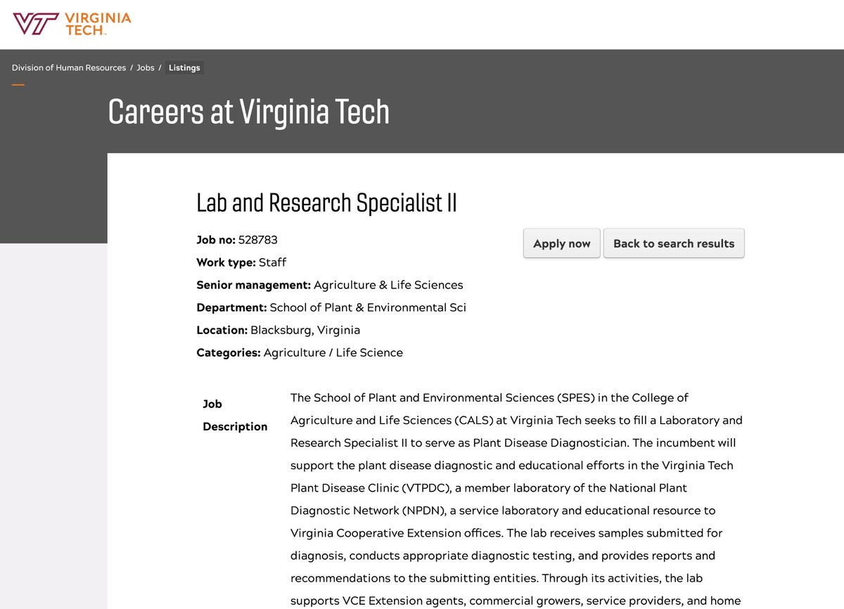 📢 Virginia Tech is hiring a diagnostician! 🩺🥼🧫🧪🍄 careers.pageuppeople.com/968/cw/en-us/j… #planthealth #plantdiagnostics #plantdoctor @NPDN @plantdisease @sd_aps @APS_Extension @APS_Tropical @UFPlantPath