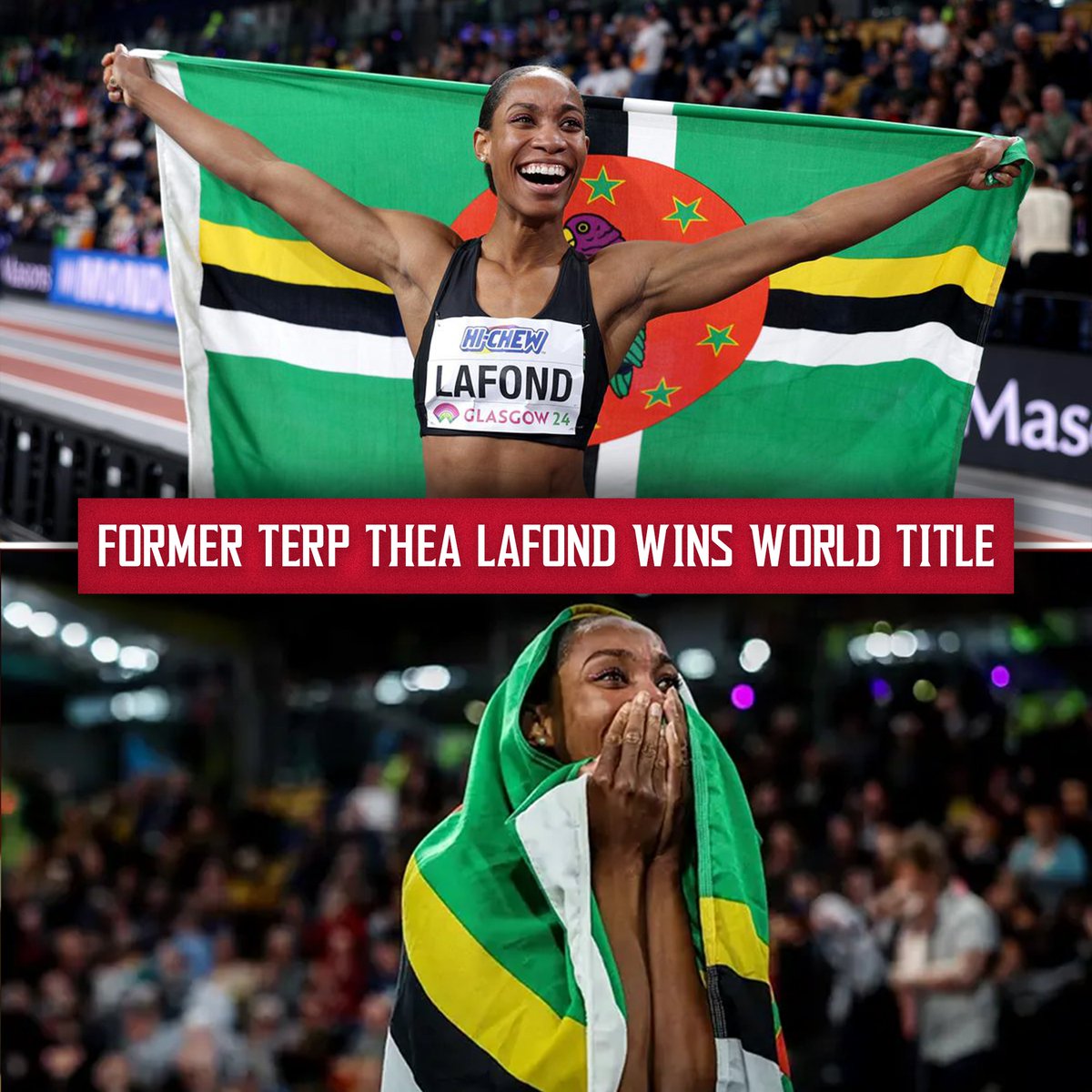 Thea LaFond, what a story:

- Born in Dominica (pop: 70,000)
- Moved to Maryland at 7
- Started track in HS 
- 2015 B1G Field Athlete of the Year
- Taught in Montgomery County Schools to support her dream
- Went to two Olympics

Now, she's her country's first-ever world champion
