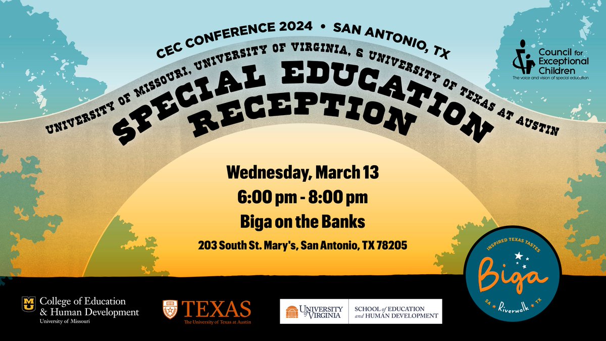 TONIGHT! See you at Biga on the Banks from 6-8pm for the @utexascoe, @UVAEdu, and @SpedMizzou #CEC2024 party! It's free! All are invited!