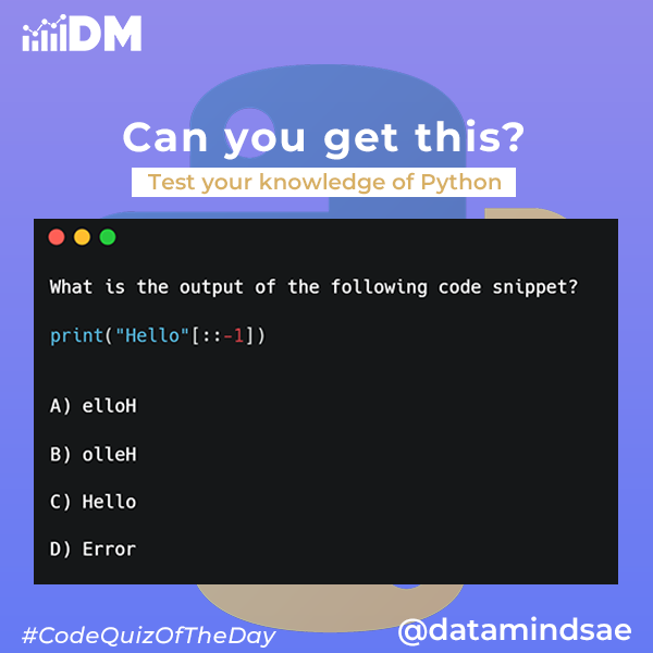 Thrive_Links's tweet image. Let&apos;s test your knowledge of Python.
#CodeQuizOfTheDay 

#python #programming #developer #morioh #programmer #webdev #webdeveloper #webdevelopment #pythonprogramming #pythonquiz #ai #ml #machinelearning #datascience #CONNECT #100DaysOfCode
