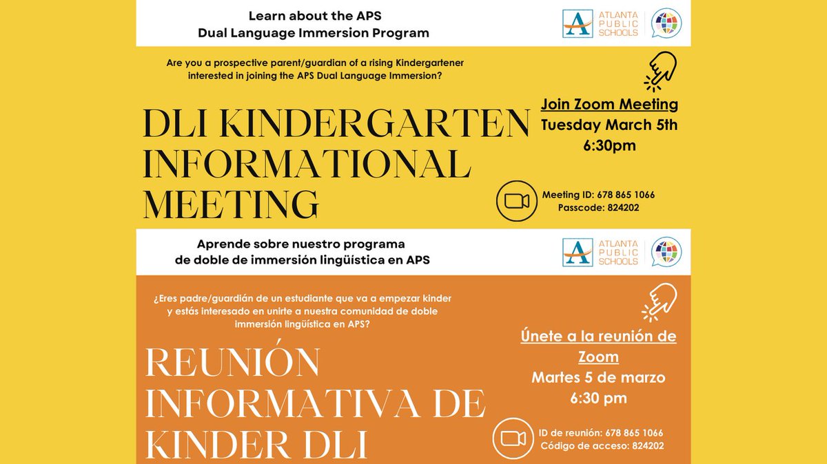 ¿Conoces a alguien con un estudiante empezando kinder el próximo año interesado en unirse a nuestro programa de DLI en APS? Aprende todo acerca nuestro programa! @apsduallang #DLIinAPS #AtlantaPublic Schools