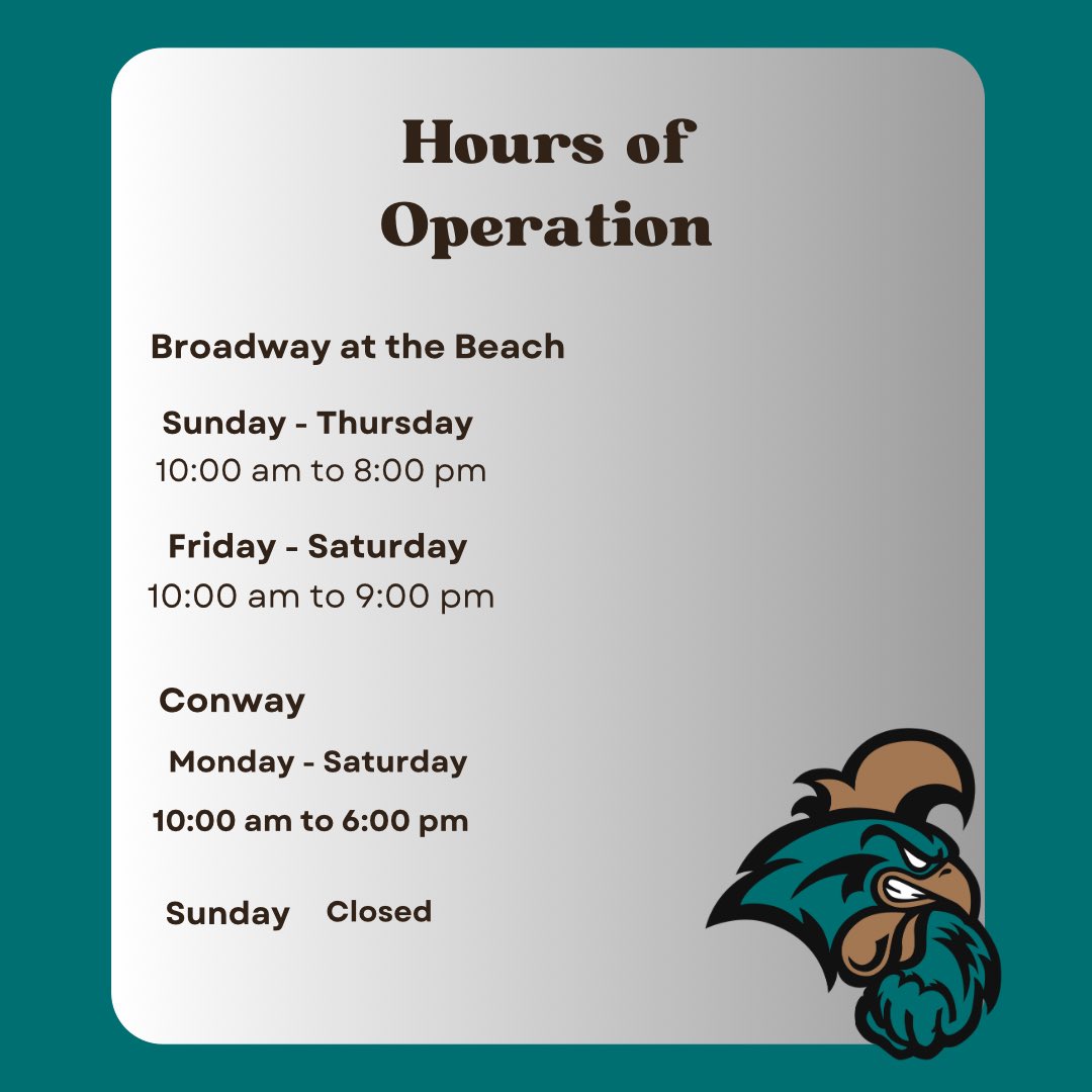 Updated hours of operation for the Broadway at the Beach location! #ccusoon #shoptealnation