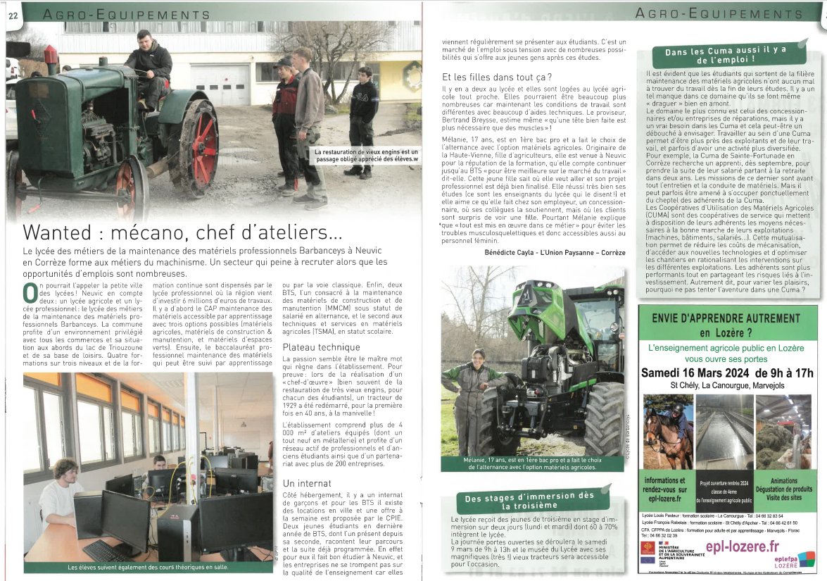 Nouvel article dans la rubrique "zoom enseignement" du magazine 'l"union paysanne" au sujet de la formation sur la maintenance des matériels au Lycée professionnel Marcel Barbanceys : Métiers en tension et place des femmes dans la mécanique ! 🔧⚙️

<a href="/aclimoges/">Académie de Limoges</a> <a href="/CfaLimousin/">CFA Académique du Limousin</a>
