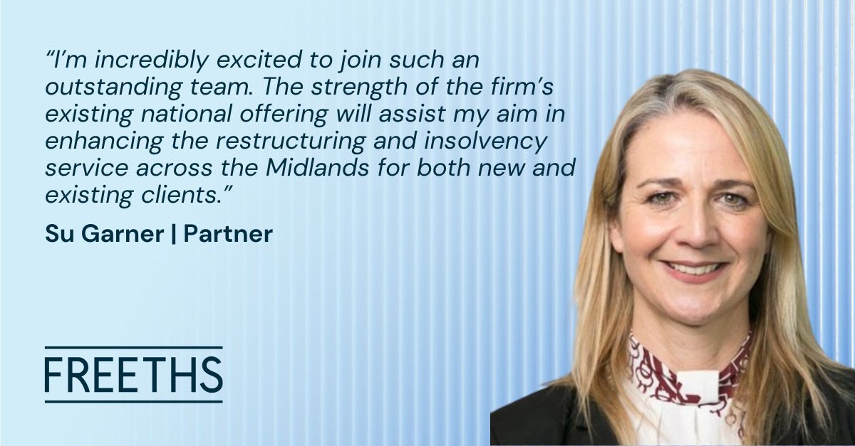 We have appointed Partner Su Garner to establish a Restructuring and Insolvency team in Leicester 🤝 Read more below 👇 freeths.co.uk/2024/03/04/fre… #Growth #RestructuringAndInsolvency #Leicester