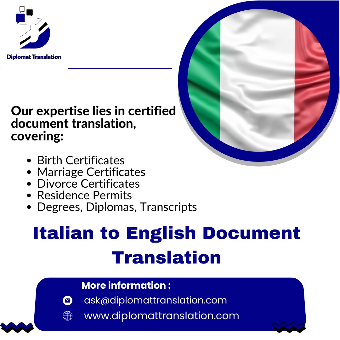 Experience flawless translation with our Italian to English document translation services! 

Visit: diplomattranslation.com/languages/ital…!

#DiplomatTranslation #ItalianToEnglish #CertifiedTranslation #TranslationServices #languages #t9n #l10n #LanguageServices #xl8 #i18n #g11n #medxl8  #MT