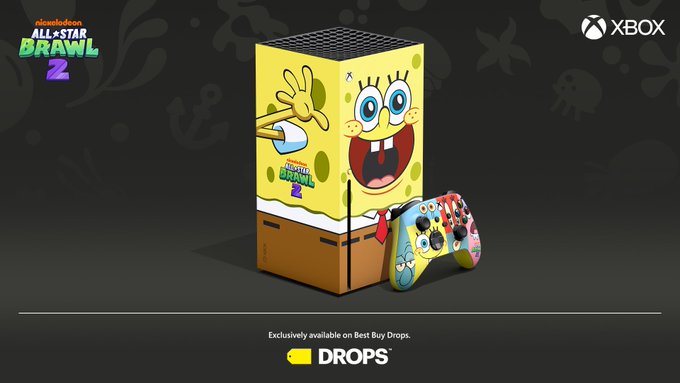 An Xbox Series X console and controller, themed around SpongeBob and Nickelodeon All Star Brawl 2, are showcased against a black background. Positioned below the console is the Best Buy Drops logo, accompanied by the announcement “Exclusively available on Best Buy Drops.” The Nickelodeon All Star Brawl 2 logo is displayed in the top left corner and the Xbox logo is displayed in the top right corner.