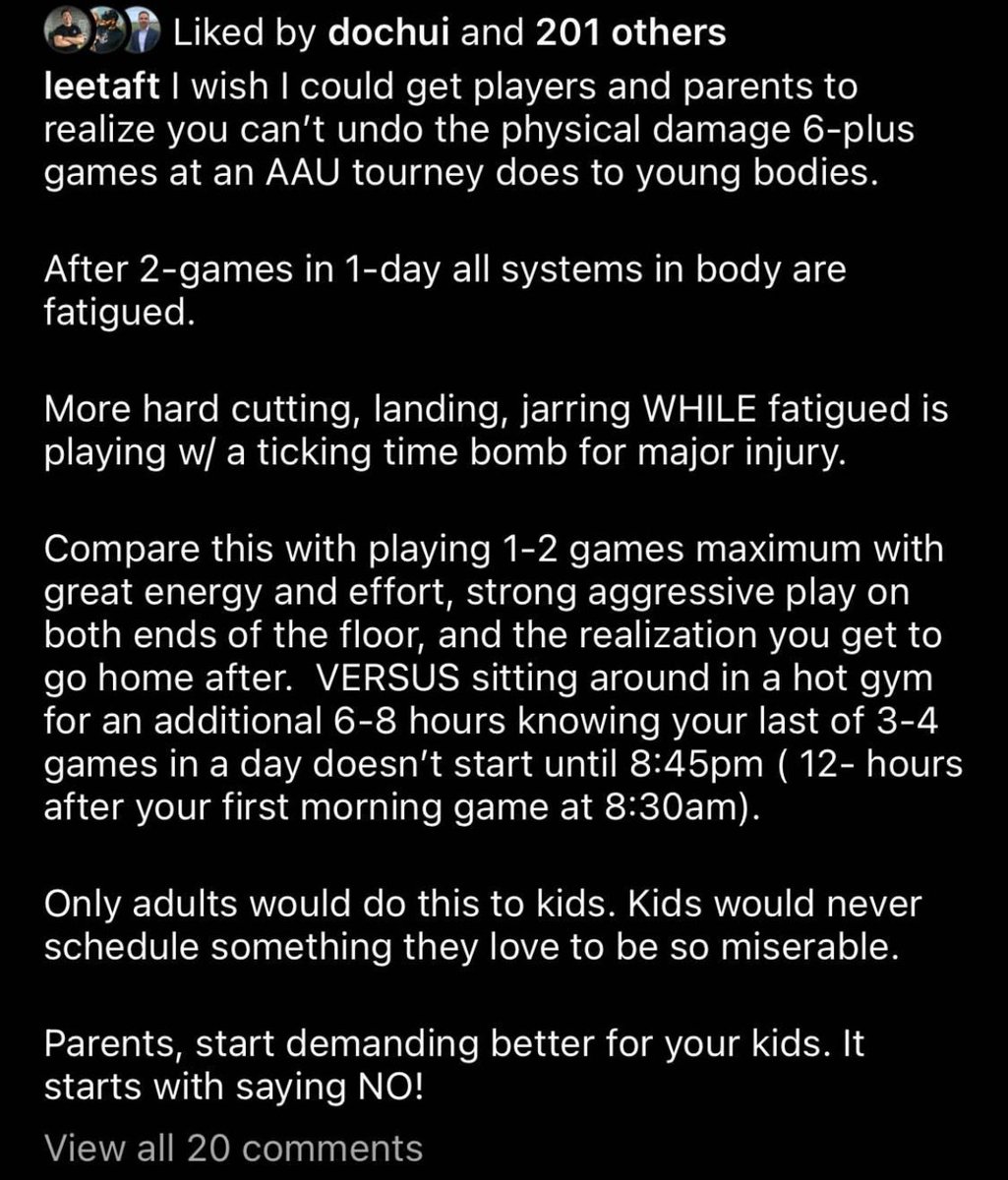Thank you, <a href="/leetaft/">Lee Taft</a> for speaking the TRUTH!

All this club and travel ball isn’t about development as it is about collecting checks.

Yes, kids need reps. But there is a fine line of diminishing returns on the body.