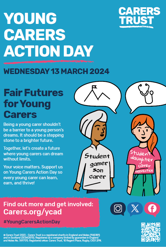 Wednesday 13th March is @YoungCarersActionDay so let's take action, support and raise awareness. 
For more information please scan the QR Code on the poster below.
