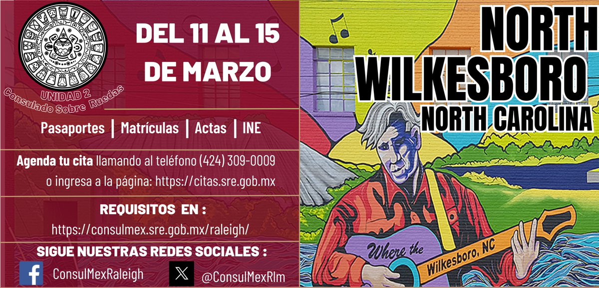 ¡Seguimos en ruta, paisano!🇲🇽 La Unidad 2 del Consulado Sobre Ruedas continúa su travesía, ahora visitaremos North Wilkesboro, CN. - Del 11 al 15 de marzo. Agenda tu cita llamando al (424) 309-0009; o enviando mensaje vía WhatsApp al mismo teléfono.