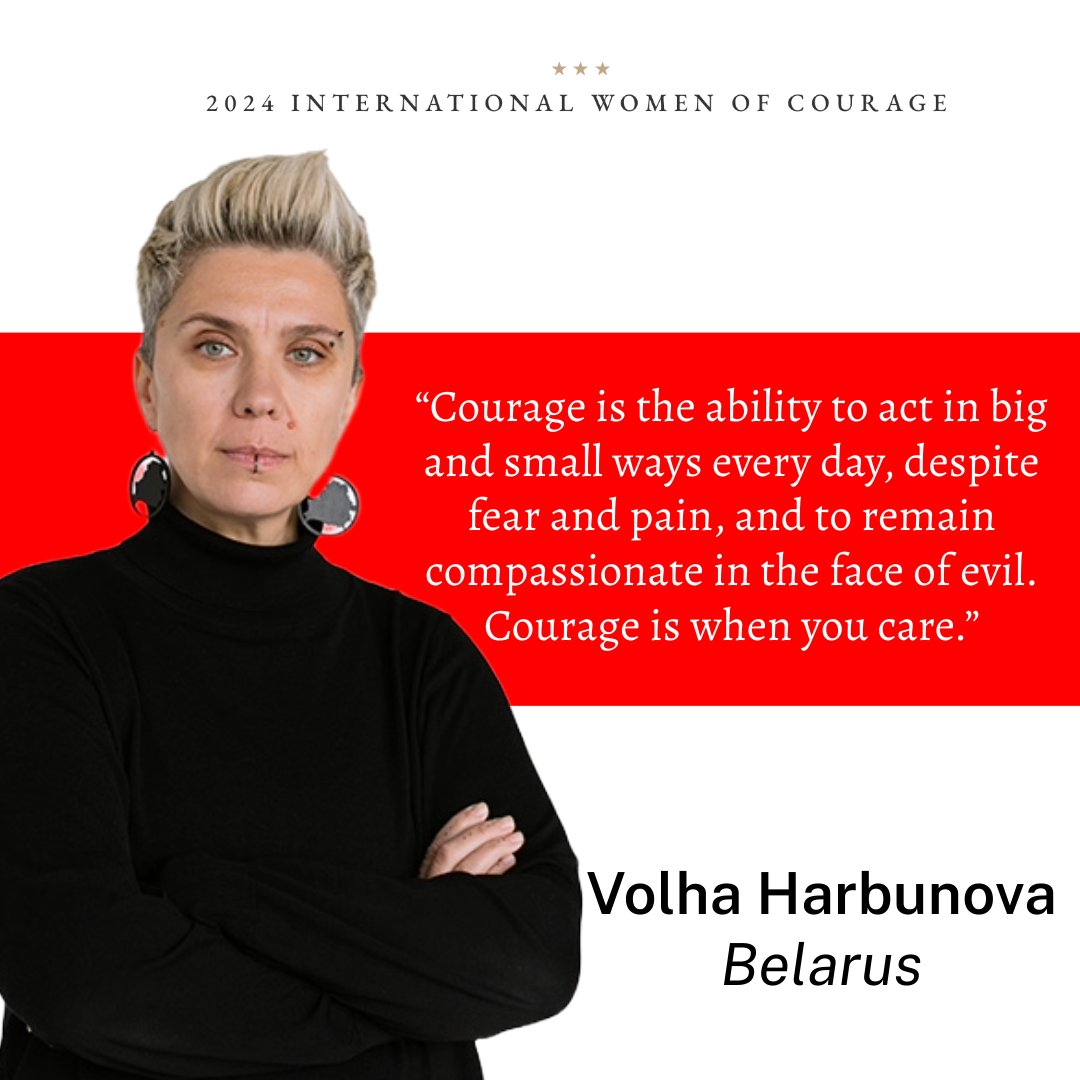 Congratulations to Volha Harbunova, a Belarusian human rights activist who is among the 16 recipients of this year's International Women of Courage award #IWOC2024. She has dedicated her life to advocating for the rights of women, children, LGBTQI+ community &amp; marginalized