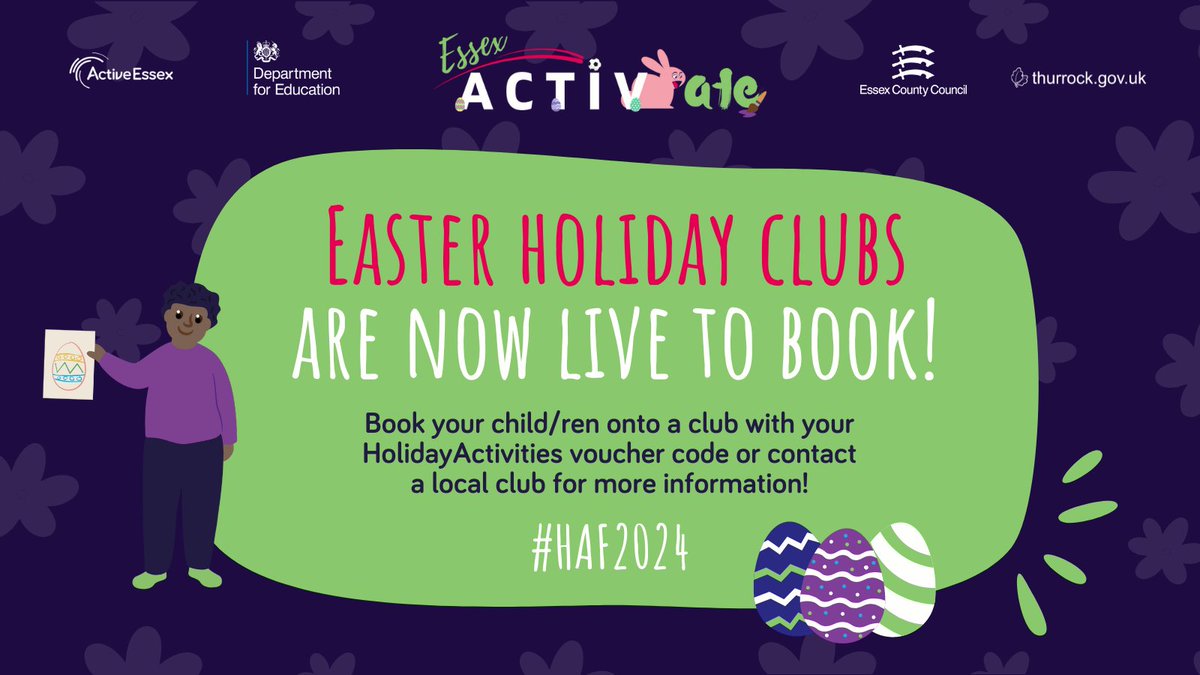 FREE @EssexActivate spaces for Easter Clubs are now available⚽🐰
 
Keep an eye on your inbox for your Holiday Activities      email which will enable you to book your child a space! #HAF2024 

Venues 👉 Clements Hall &amp; Eversley Leisure Centre