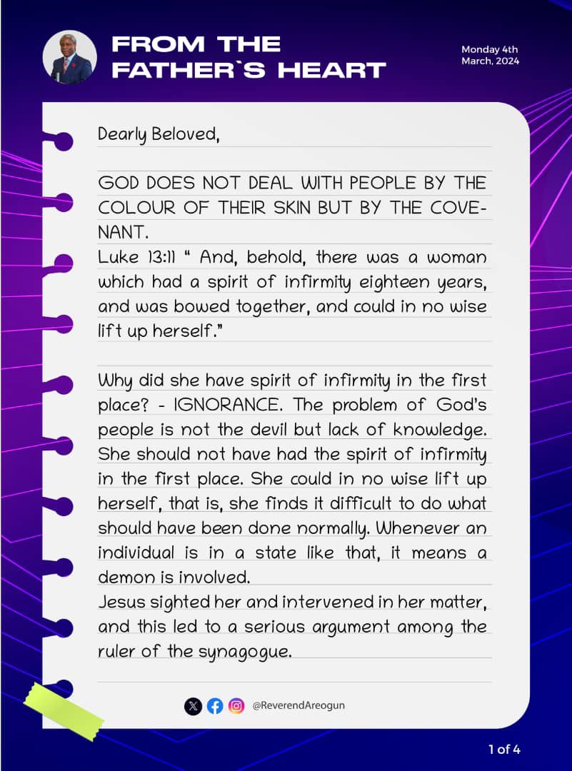 ReverendAreogun's tweet photo. This is from my heart to you this week:

God does not deal with people by the colour of their skin but by the COVENANT!

Live a covenant-compliant life this year!

Read the full message below.

You’re blessed!

#CovenantLife
#DivineTakeovers 
#ReverendAreogun 

#HappyNewWeek https://t.co/ViSB92pmqf