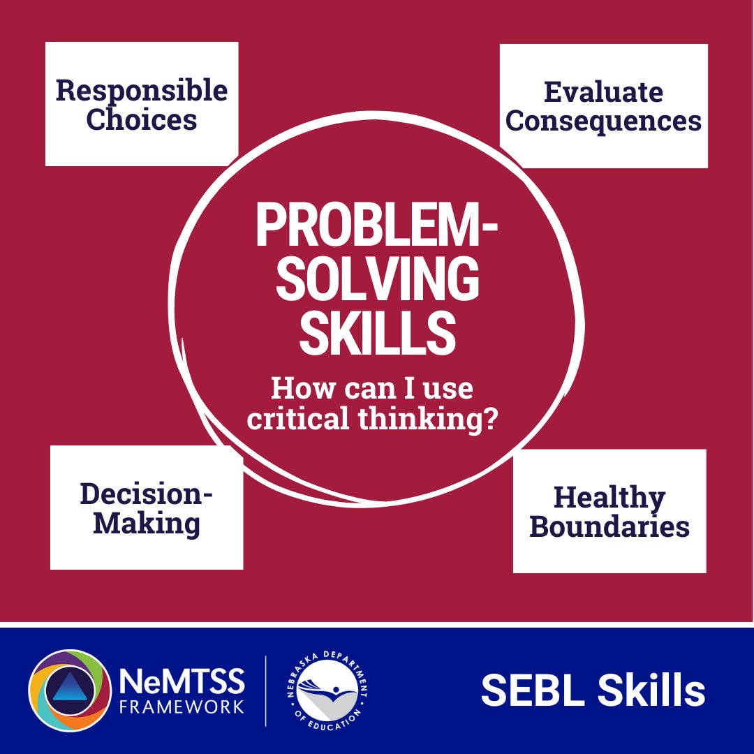 The four Problem-Solving Skills answer the question: “How can I use critical thinking?”

Visit our blog to learn more about these skills and others in the new #NeMTSS SEBL Skills Web! ›› bit.ly/4bXpR4S

#SELDay #TodaysStudents #TomorrowsLeaders