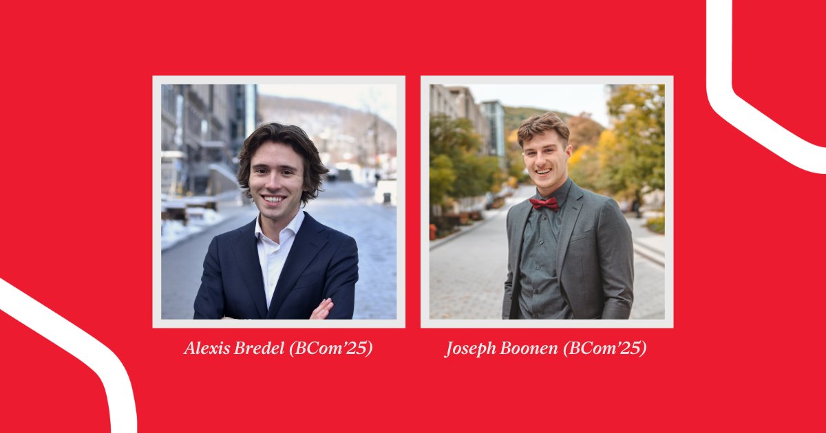 Congrats to BCom'25 students Alexis Bredel & Joseph Boonen, selected for @CEOX1day, hosted by @odgersberndtson! They'll shadow top executives from @_Pharmascience_ & @NTSofCanada during the program designed to support high-potential young leaders. mcgill.ca/x/UtF