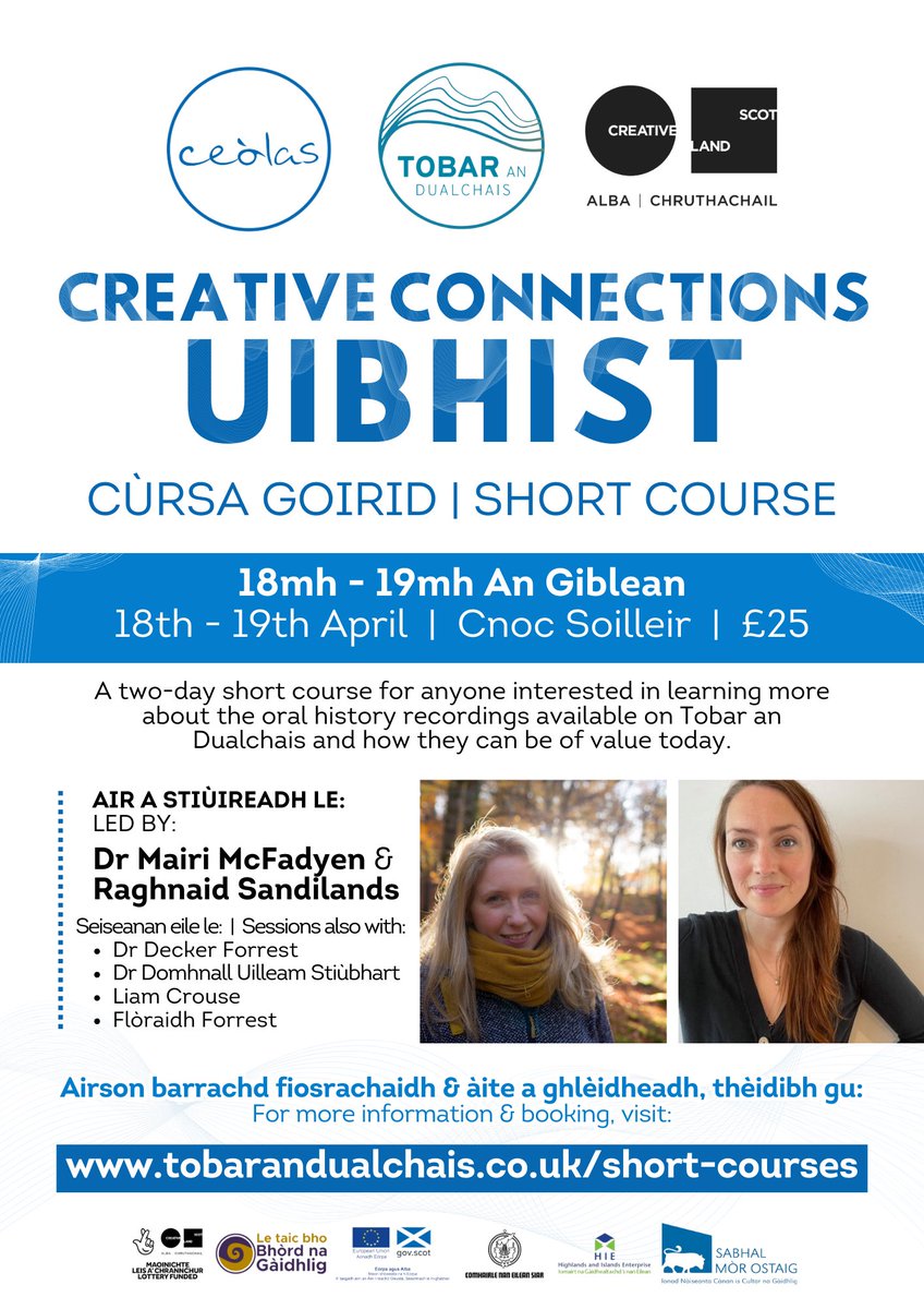 CREATIVE CONNECTIONS We’re very excited to announce that we’ll be delivering a 2-day ‘Creative Connections’ course in South Uist next month, in partnership with @ceolas_uibhist . More information about the course and the booking form can be accessed at tobarandualchais.co.uk/short-courses