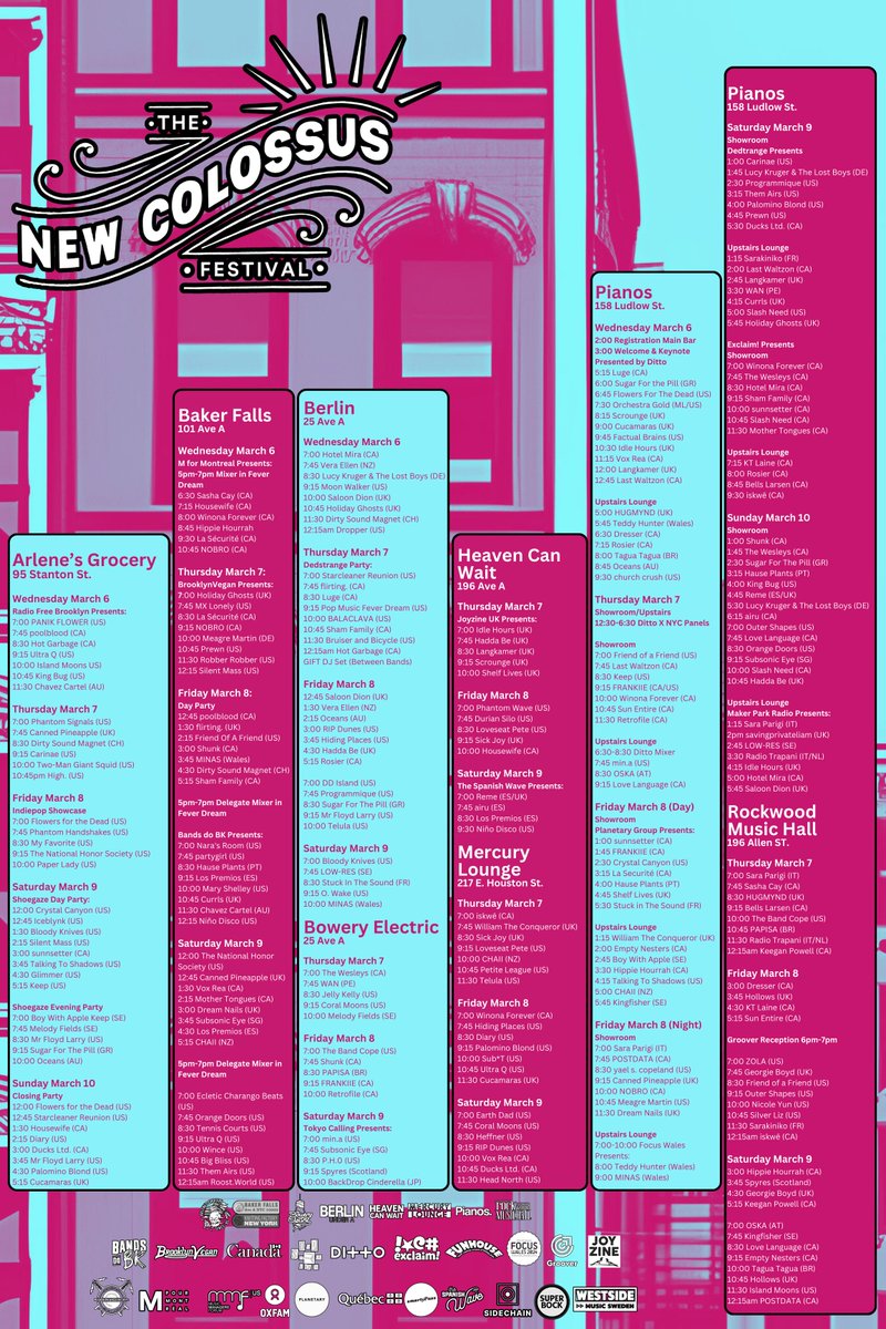 The New Colossus Festival starts this week. Exactly 150 bands are coming to NYC from Canada, UK, Sweden, Italy, New Zealand, Germany, Australia, Greece, Peru, Japan, Brazil, Switzerland, Portugal, Spain, France, Singapore, and Austria to perform on the Lower East Side!