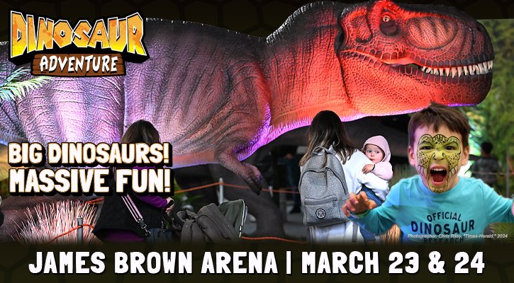 🦖BIG DINOSAURS! MASSIVE FUN! 🦖 Dinosaur Adventure is coming to the James Brown Arena on March 23rd & 24th! For more information, please visit their website at dinosauradventure.com #dinosaur #dinoshow #dinosauradventure #babydinosaurs #familyfun #downtownaugusta #augustaga