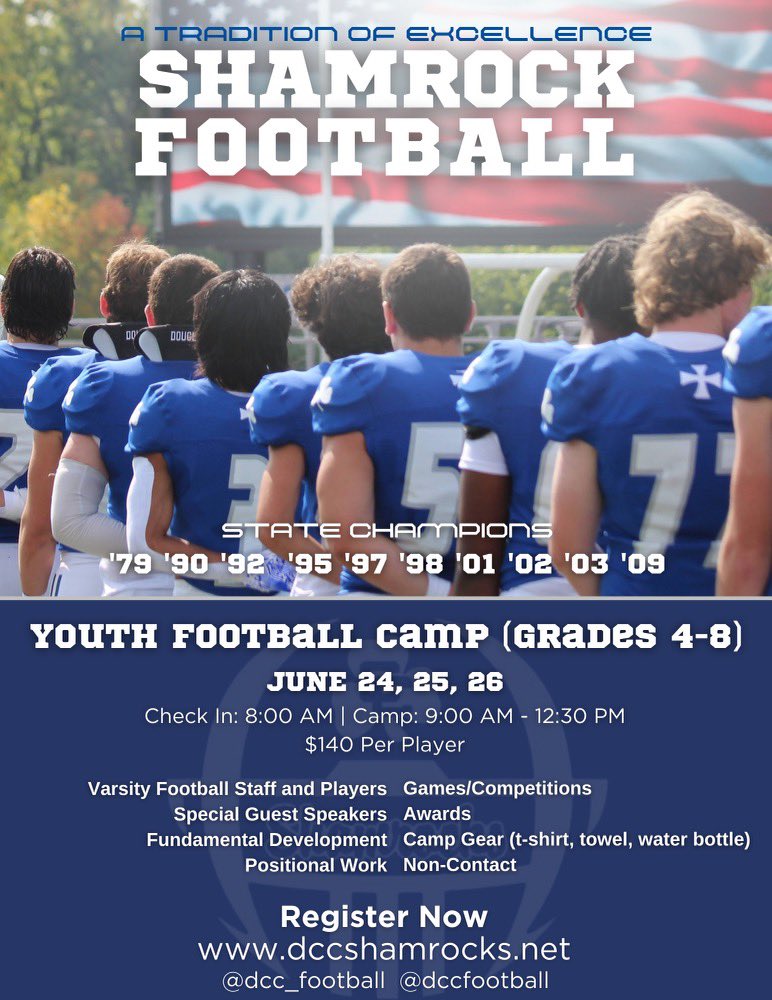 Join us for the Detroit Catholic Central Youth Football Camp! Featuring special guest speakers, varsity football player coaches, Catholic Central Gear, competitions, and much more! Register now dccshamrocks.net @detccstrength @detroitccad @dccshamrocks @jcessante @DCC1928