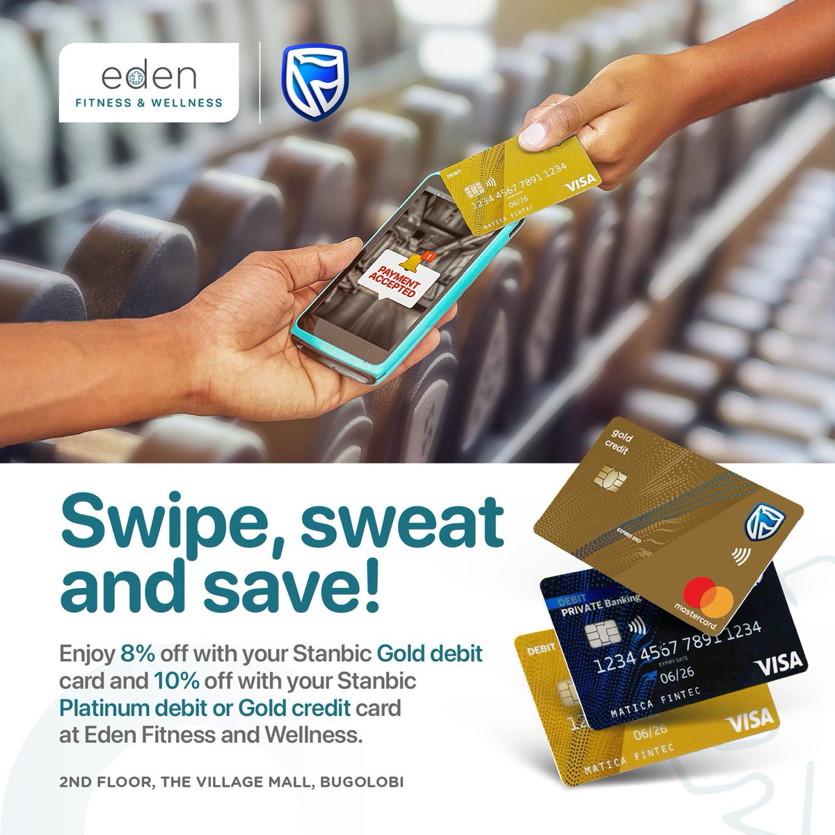 Use your @stanbicug debit or credit card at Eden Fitness & Wellness and unlock exclusive discounts. Visit us today!
#Stanbicbank #edengym 
#discounts #NewYearBetterYou 
#kampala #uganda