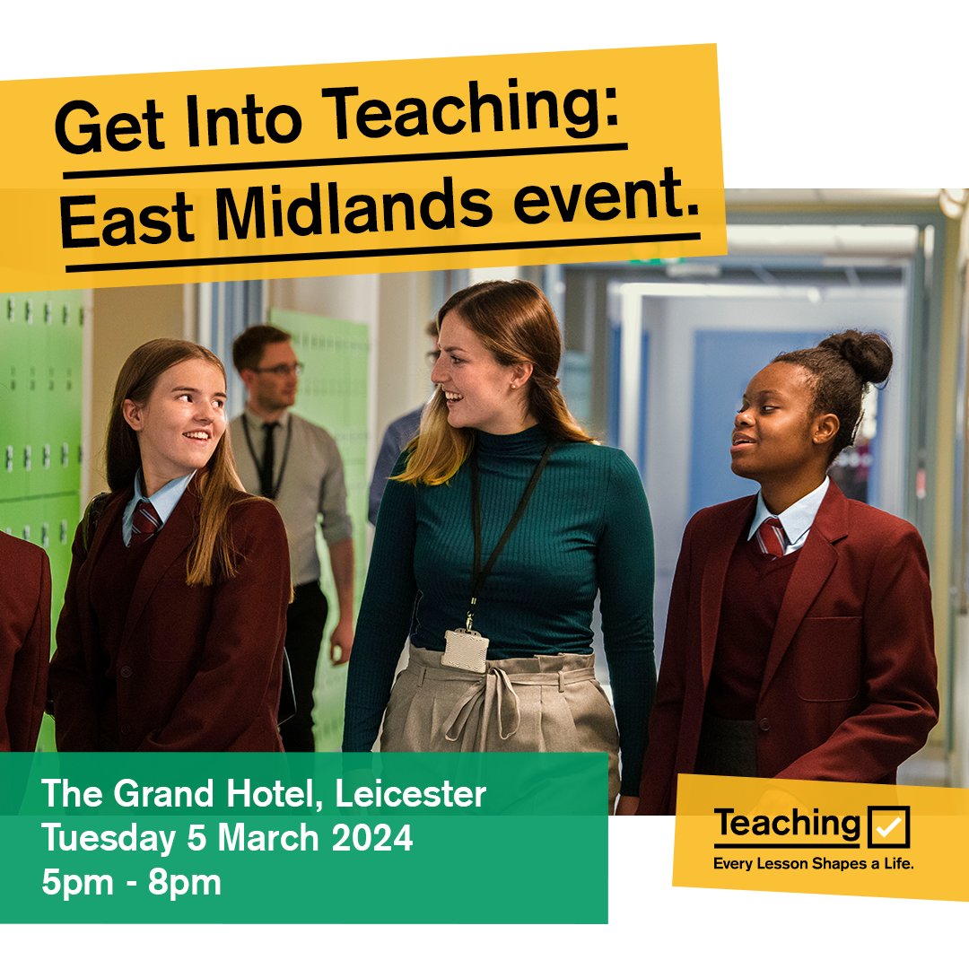 Initial Teacher Training with Teach for LiFE (@tfl_itt) on Twitter photo Join @LifeITT_Teach at the Get Into Teaching Event at The Grand Hotel, Leicester
Find out how we can support your journey towards becoming a teacher!
<a href="/getintoteaching/">Teaching</a> <a href="/TeachLeics/">TeachLLR</a> @TeachDerby <a href="/LiFEMATrust/">LiFE Multi Academy Trust</a> <a href="/AshbyDeLaZouch/">Ashby de la Zouch</a> #leicestershire #leicester #traintoteach #pgce #itt Join @LifeITT_Teach at the Get Into Teaching Event at The Grand Hotel, Leicester
Find out how we can support your journey towards becoming a teacher!
<a href="/getintoteaching/">Teaching</a> <a href="/TeachLeics/">TeachLLR</a> @TeachDerby <a href="/LiFEMATrust/">LiFE Multi Academy Trust</a> <a href="/AshbyDeLaZouch/">Ashby de la Zouch</a> #leicestershire #leicester #traintoteach #pgce #itt