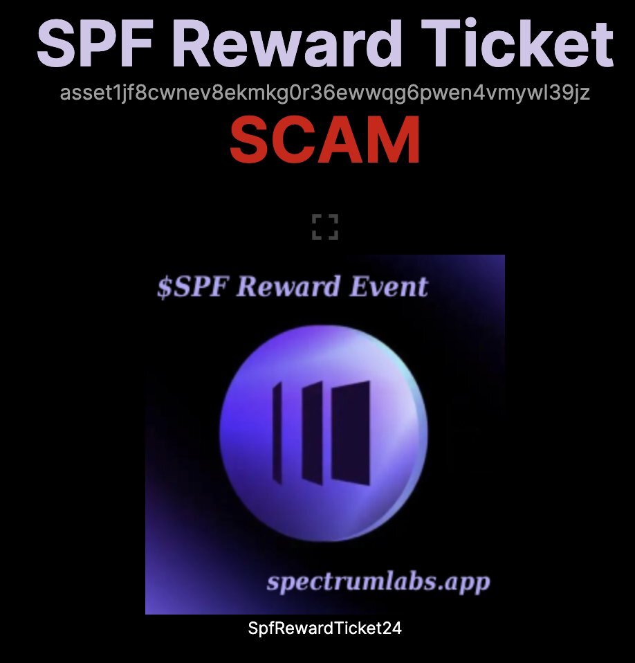 There seems to be a large number of users receiving a token with a name similar to "SPF reward ticket" and it has a link to a site where you connect your wallet.

This is a scam.

The site may look similar to ours but please do not follow these links. Our team will not send these