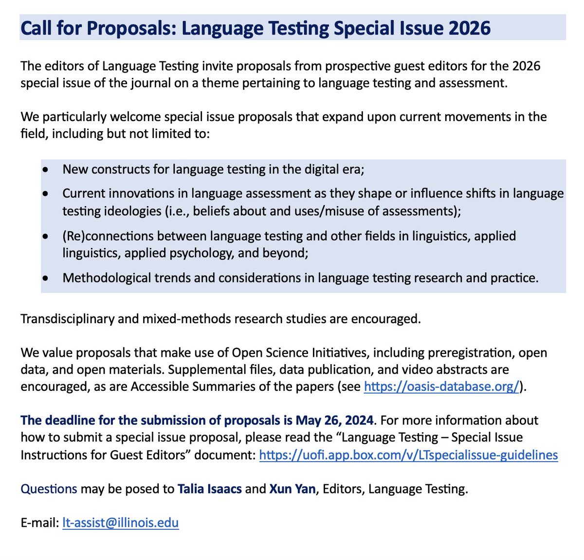 Call for Language Testing Special Issue 2026 proposals is now open! Submission deadline: May 26, 2024. For information about how to submit a proposal, please read the “Language Testing – Special Issue Instructions for Guest Editors” document: uofi.app.box.com/v/LTspecialiss…