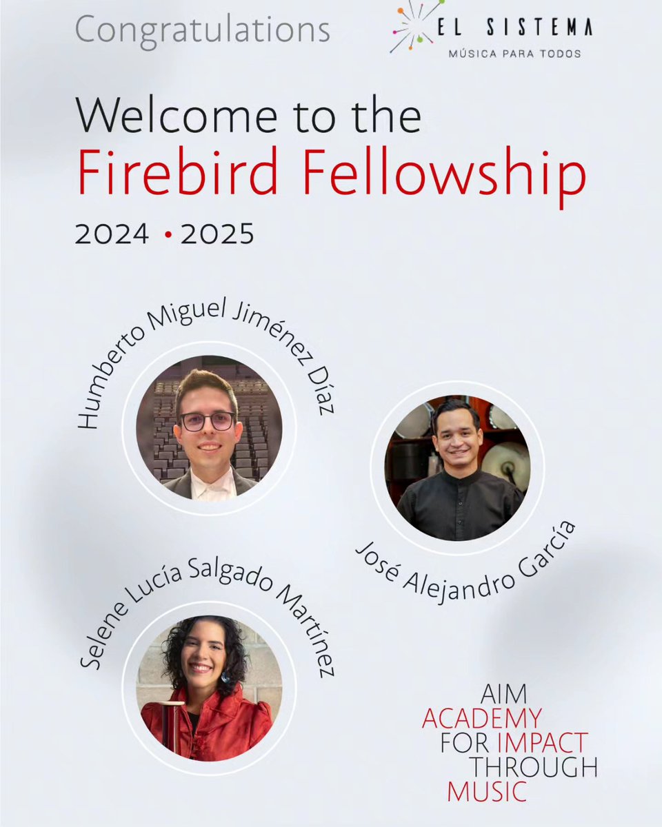 ¡Nos sentimos orgullosos de anunciar a los nuevos Firebirds de la Academy for Impact Through Music (AIM)!

Humberto Jiménez, José Alejandro García y Selene Salgado fueron seleccionados como profesores becarios de la Firebird Felowship donde se honra a los programas