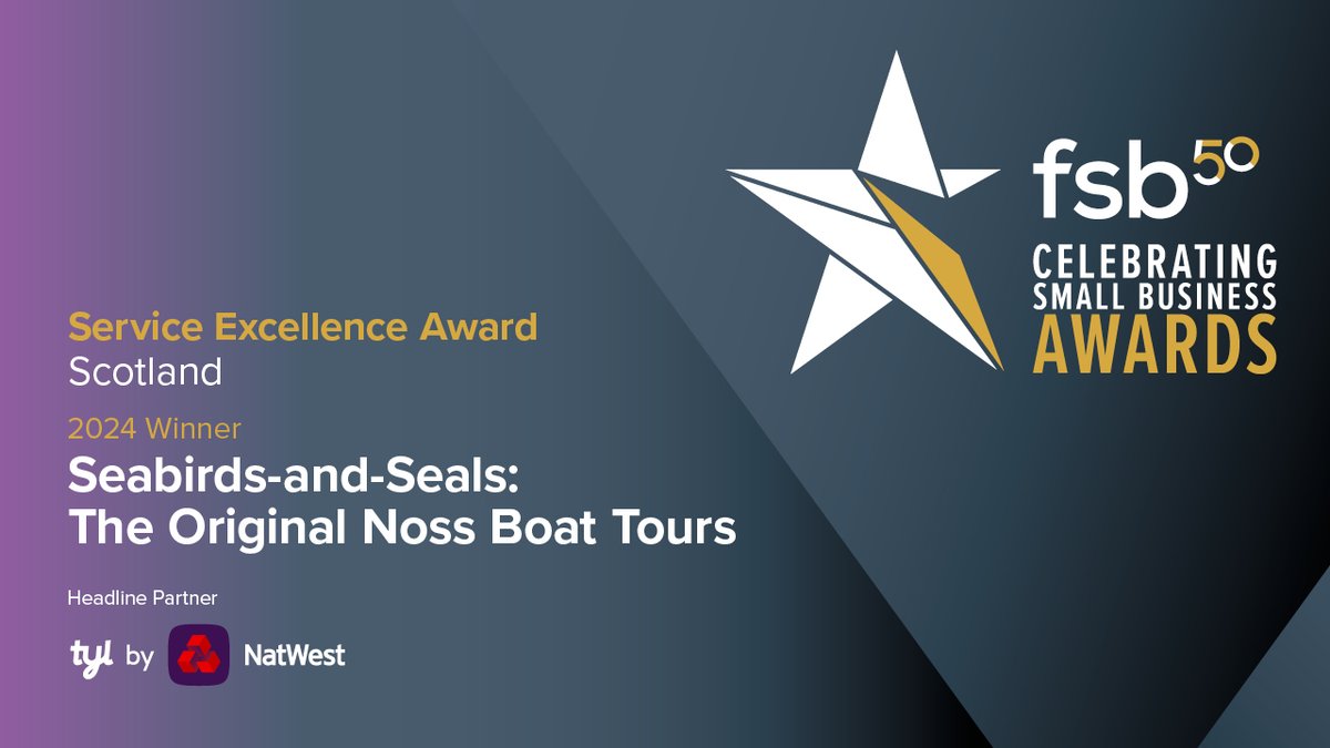 Brilliant News! Brian and Marie Leak of Shetland-based Seabird & Seals: The Original Noss Boat Tours have won our 2024 @FSB_Scotland Service Excellence Award. They focus on outstanding customer care and inclusion. More here: seabirds-and-seals.com #FSBawards @Seabirds_Seals