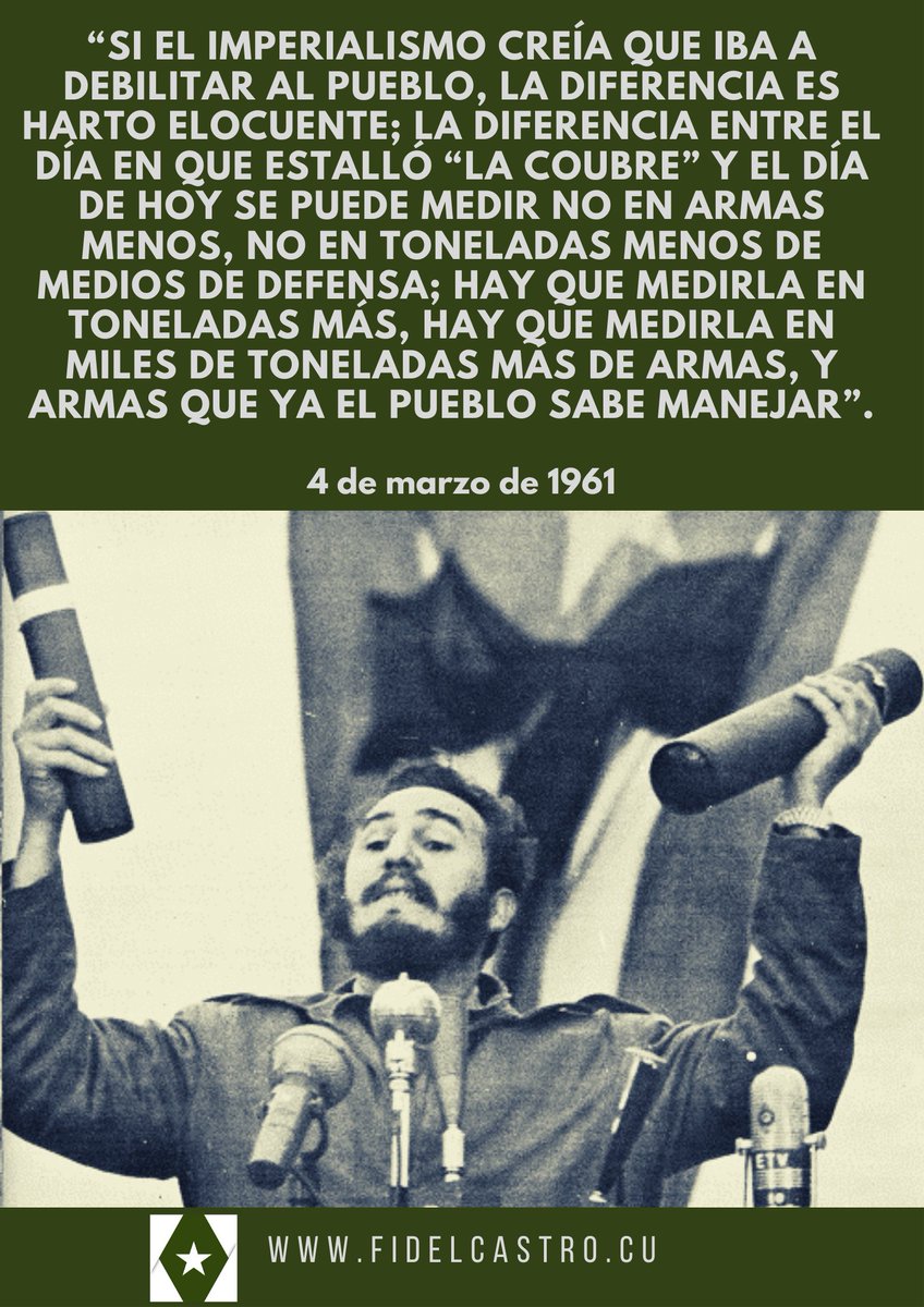 🎙️ #Fidel “Si el imperialismo creía que iba a debilitar al pueblo, la diferencia es harto elocuente; la diferencia (...) hay que medirla en miles de toneladas más de armas, y armas que ya el pueblo sabe manejar”.

👉4 de marzo de 1961 

bit.ly/2wrovQr 

#RevolucionCubana