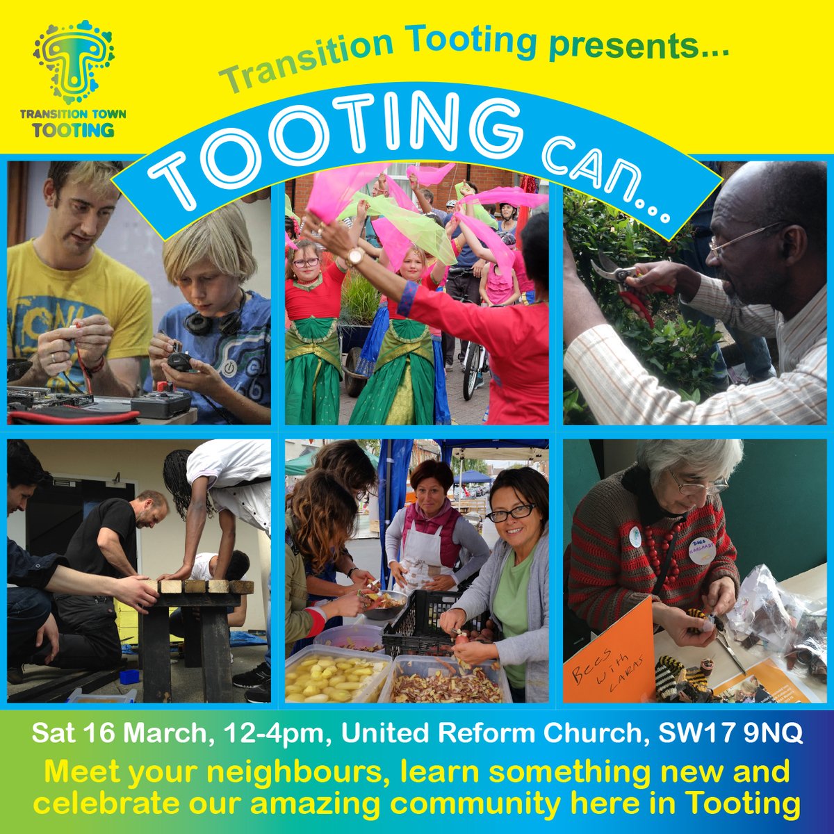 All welcome to join us at 'Tooting Can' on 16th March!

Meet your neighbours, learn something new and celebrate our lovely community!

A fun day that's all about being hands-on (or feet... see below).

Below are just three of the many fab activities....