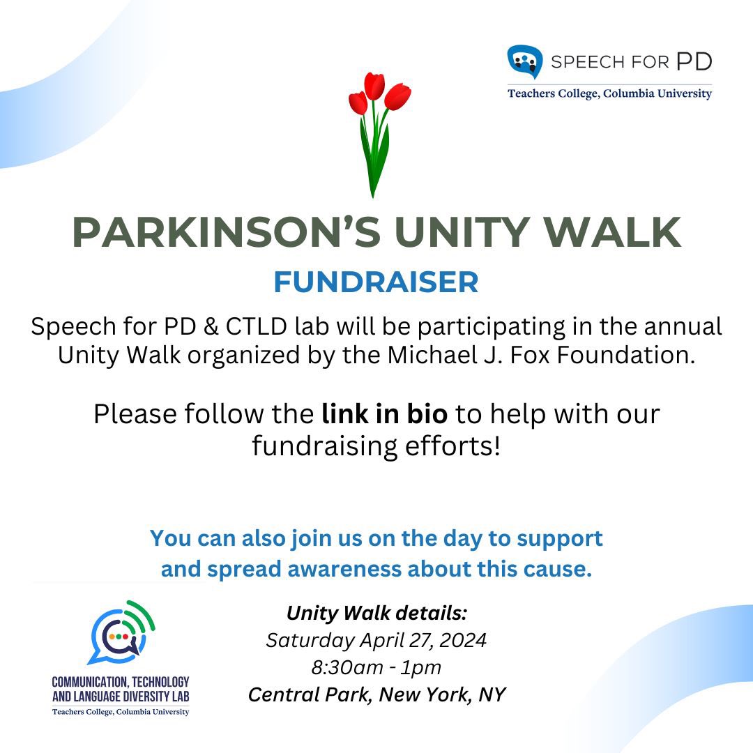 Communication, Technology & Language Diversity Lab (@ctld_lab) on Twitter photo Parkinson's Unity Walk is happening in April! We would love to see some familiar faces at the walk. Please follow link in bio to learn more about the event or help with fundraising. #parkinsons #unitywalk #centralpark #speechforPD #teacherscollege #MJFF <a href="/MichaelJFoxOrg/">michaeljfox.org</a> Parkinson's Unity Walk is happening in April! We would love to see some familiar faces at the walk. Please follow link in bio to learn more about the event or help with fundraising. #parkinsons #unitywalk #centralpark #speechforPD #teacherscollege #MJFF <a href="/MichaelJFoxOrg/">michaeljfox.org</a>