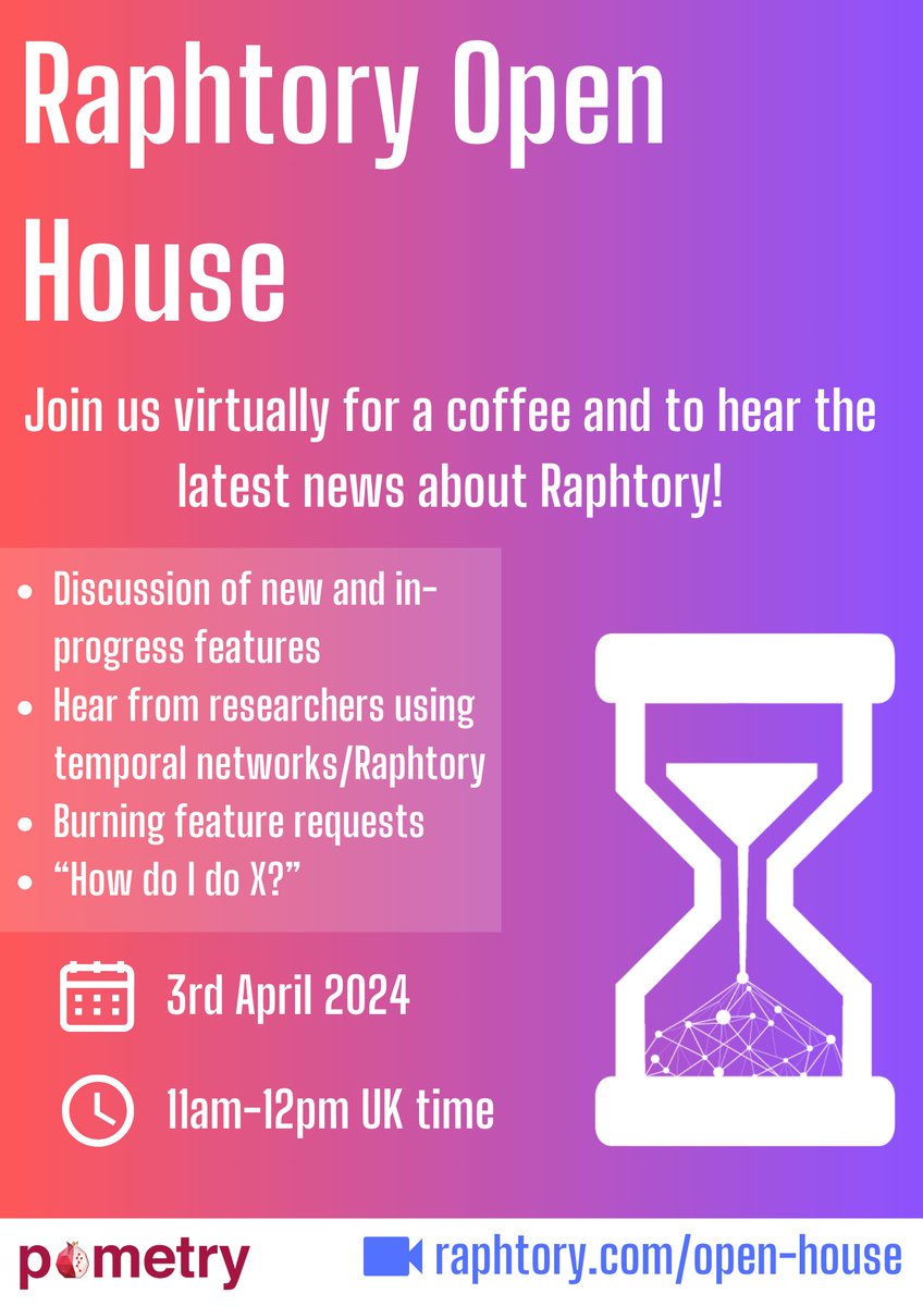 We will be hosting our first ever virtual "open house" on Weds 3rd April!

Been following the Raphtory project and want to hear more? Want some inspiration on digging into your new graphy dataset? Got feature requests? All are welcome to join us for a virtual coffee ☕️👇