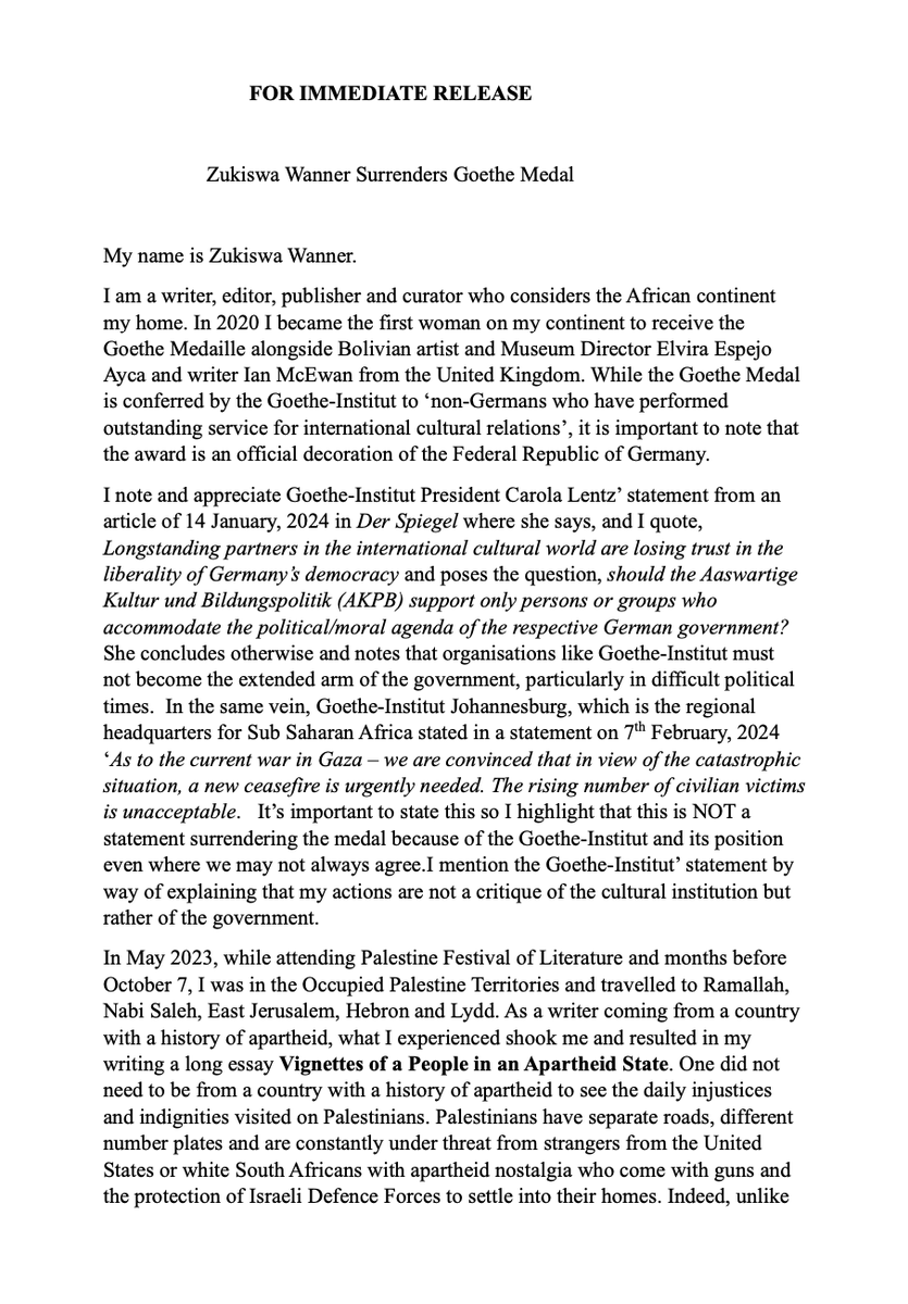 PalFest's tweet photo. Powerful statement from South African author, Zukiswa Wanner, returning her Goethe Medal in protest at the German government’s support for Israel’s genocide. https://t.co/BxJQIanj7M