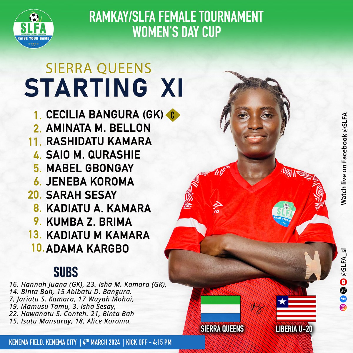Head Coach Hassan “Zenetti” Mansaray prepares his girls for another exciting match as Sierra Leone is ready to take on Liberia in the Women’s Day Cup, organized by RamKay and the Sierra Leone Football Association. #SierraLeone #WomensDayCup2024 #RamKay #RaiseYourGame