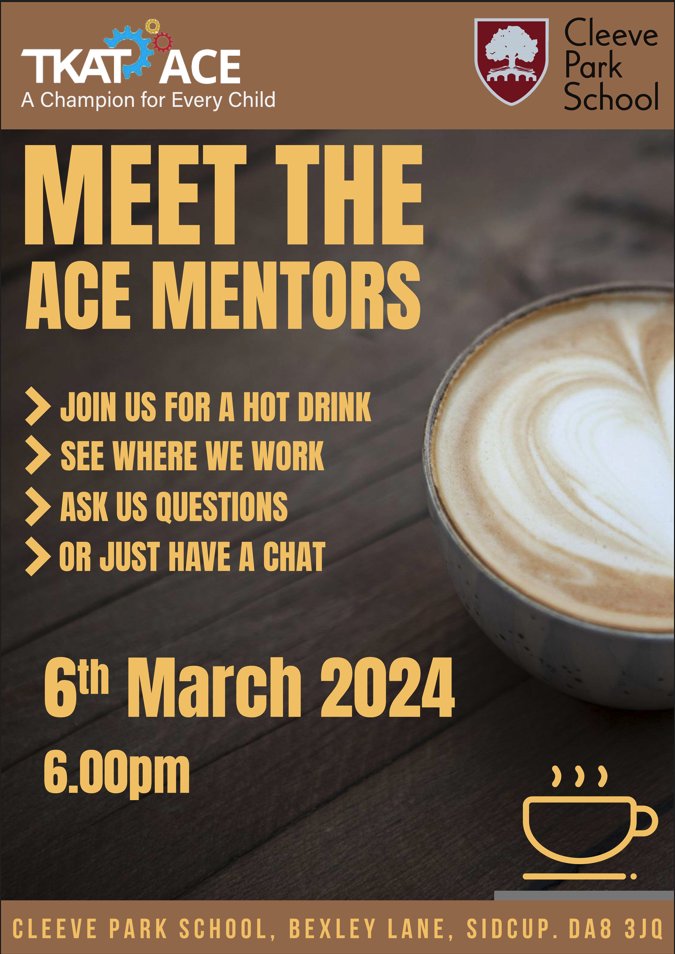 04/03/24 - Meet the ACE Mentors If your child is part of the TKAT ACE Programme our ACE Mentors would love you to join them for a hot drink and chat on Wednesday 6th March at 6pm. You will be able to visit the ACE Room and talk to us about how we work with your child.