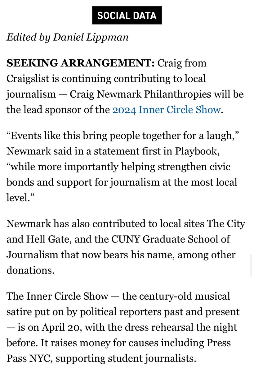 The Inner Circle Show - April 19th and 20th at the Ziegfeld! - has a new lead sponsor with @CraigNewmark Philanthropies. politico.com/newsletters/ne…