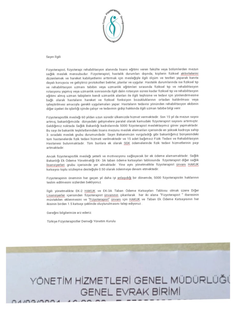 TFD1969's tweet photo. Sağlık Bakanlığı'nda çalışan fizyoterapist meslektaşlarımızın ek ödeme cetveli içinde ödenen Hakuk ve Taban Ek Ödeme katsayılarının 1.5 olarak uygulanması adına resmi başvurumuzu Sağlık Bakanlığı'na yaptık .
#EngeldeğilDestekol https://t.co/Uu69Nna3XA