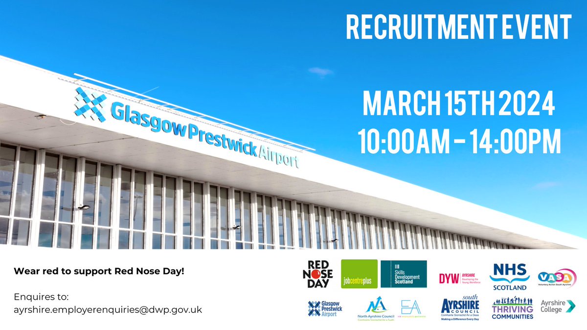 Don't miss out on the upcoming recruitment event being held at Glasgow Prestwick Airport, organised by @DWPgovuk. Many organisations/employers will be attending, making it a great opportunity to discuss your career path and explore routes that you can take. #RecruitmentEvent