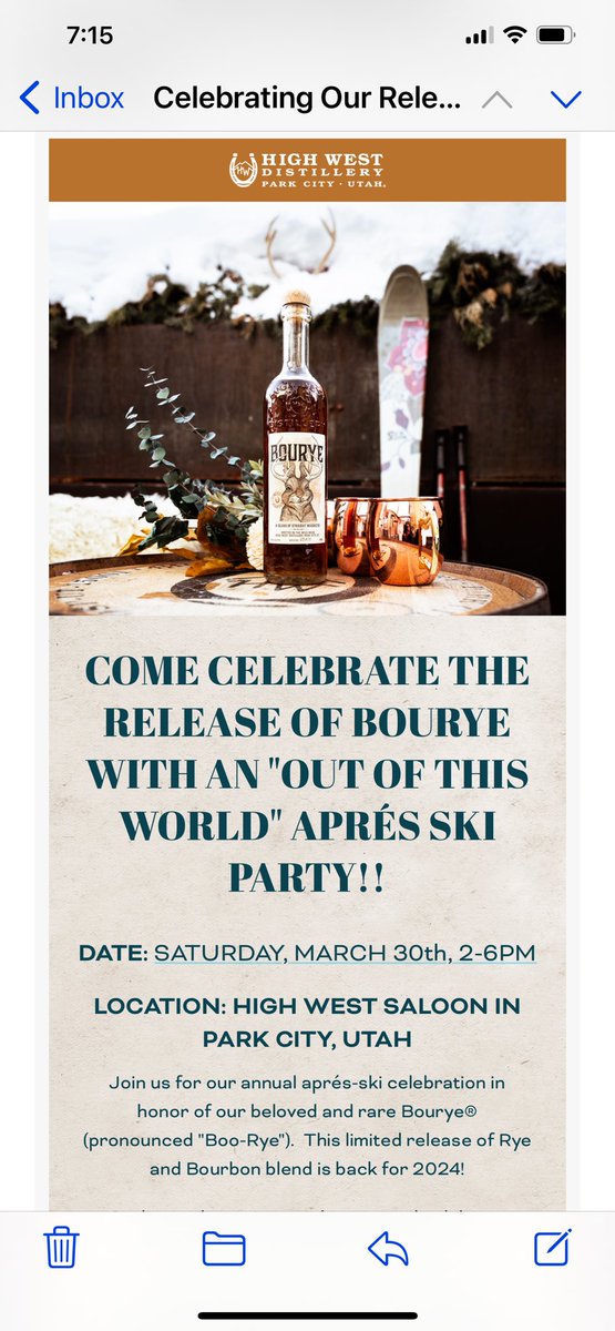 PSA,

Who doesn’t love a good party and the <a href="/drinkhighwest/">High West Distillery</a> annual aprés-ski celebration is never one to miss! This event, as it is every year, is meant to honor their release of the highly sought after Bourye. 

See you there!
 #supportutahdistilleries 
#utahspirittrail
