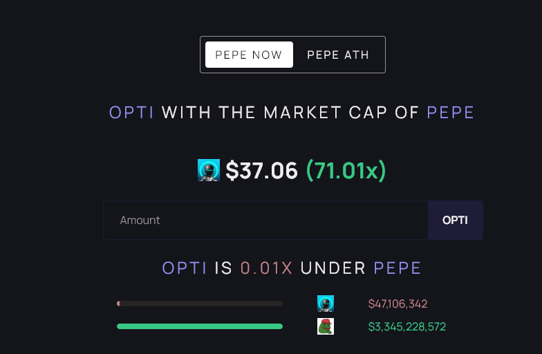 EricCryptoman's tweet photo. Crazier things have happened in a bull market.

Especially with Elon on your side &amp; the AI boom decade we are about to experience.

$OPTI vs $PEPE https://t.co/5jcaMmIT1Z