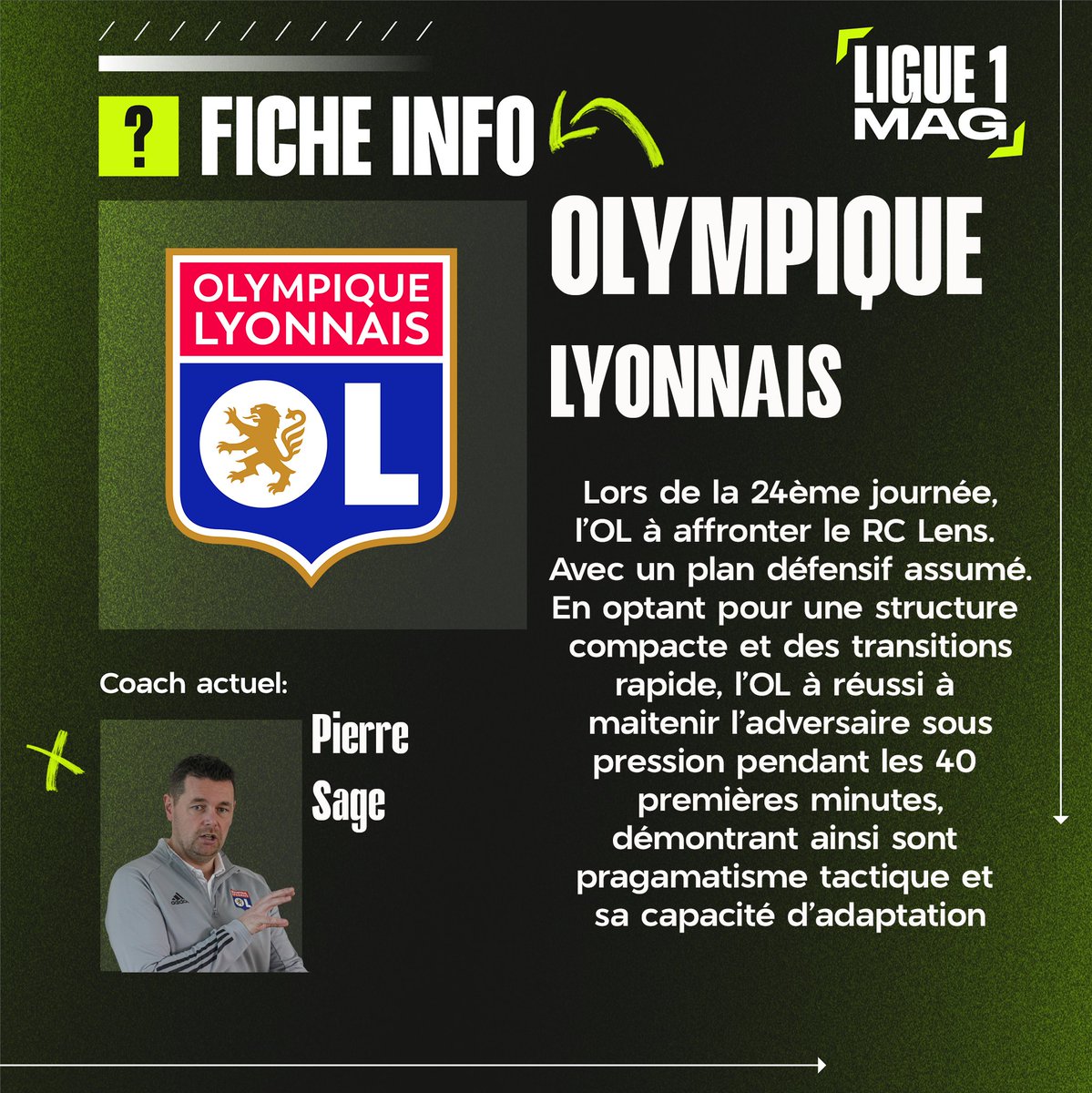👀 Analyse tactique de l'Olympique Lyonnais contre le RC Lens hier soir.

Lors de la 24ème journée, l'Olympique Lyonnais a affronté le Racing Club de Lens avec un plan défensif assumé. En optant pour une structure compacte et des transitions rapides, l'OL a réussi à maintenir
