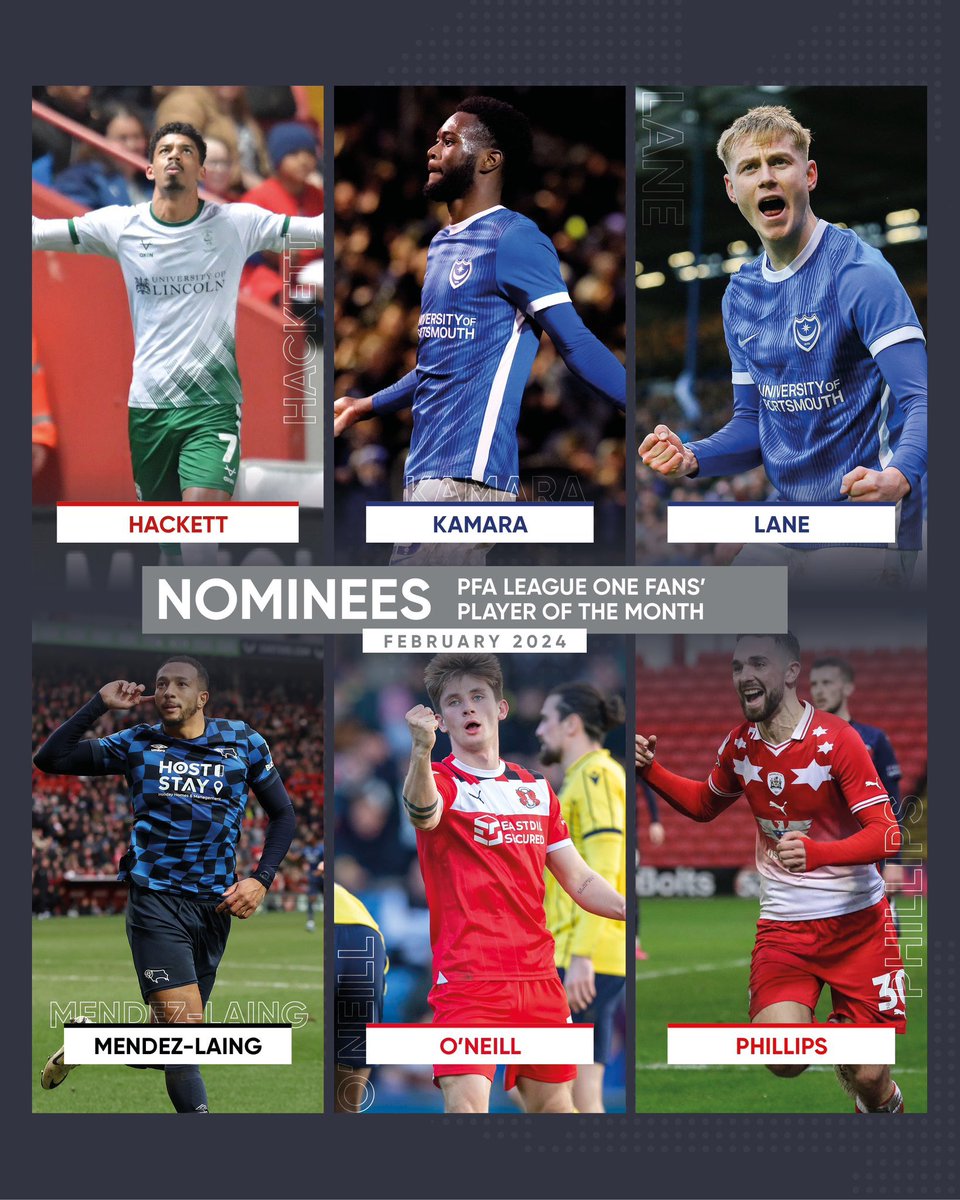 Voting closes at 11:59pm tonight! 🏆 Hackett (@LincolnCity_FC) Kamara (@Pompey) Lane (@Pompey) Mendez-Laing (@dcfcofficial) O’Neill (@leytonorientfc) Phillips (@BarnsleyFC) Vote here 🗳️ bit.ly/42XKF8g