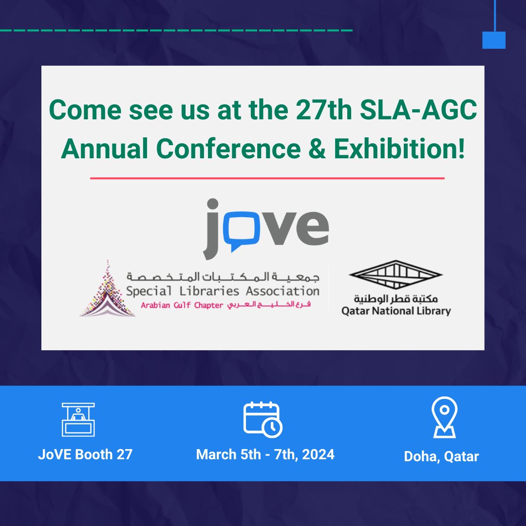 Come visit us at booth #27, March 5th-7th, in Doha, Qatar, at the <a href="/SLA_AGC/">الجمعية الخليجية للمكتبات والمعلومات والأرشيفGALIA</a> (Special Libraries Association-Arabian Gulf Chapter) conference, to learn how JoVE videos increase student engagement and boost productivity. 📽️💫

Learn more here: hubs.ly/Q02n24mt0

#JoVE #SLAAGC