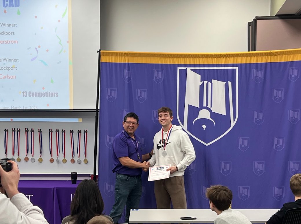 Congratulations to Ryan Soderstrom who placed 2nd in the Introductory CAD competition at the @IllinoisDEA Regional Competition at @JolietJrCollege. We are so proud of all of your hard work and accomplishments. @LockportHS205 #pltw @PLTWorg